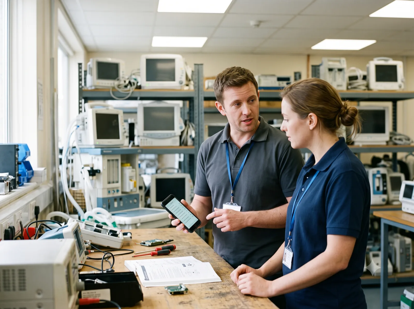 Two biomedical technicians talking at a workshop bench, one showing the other a job on a phone