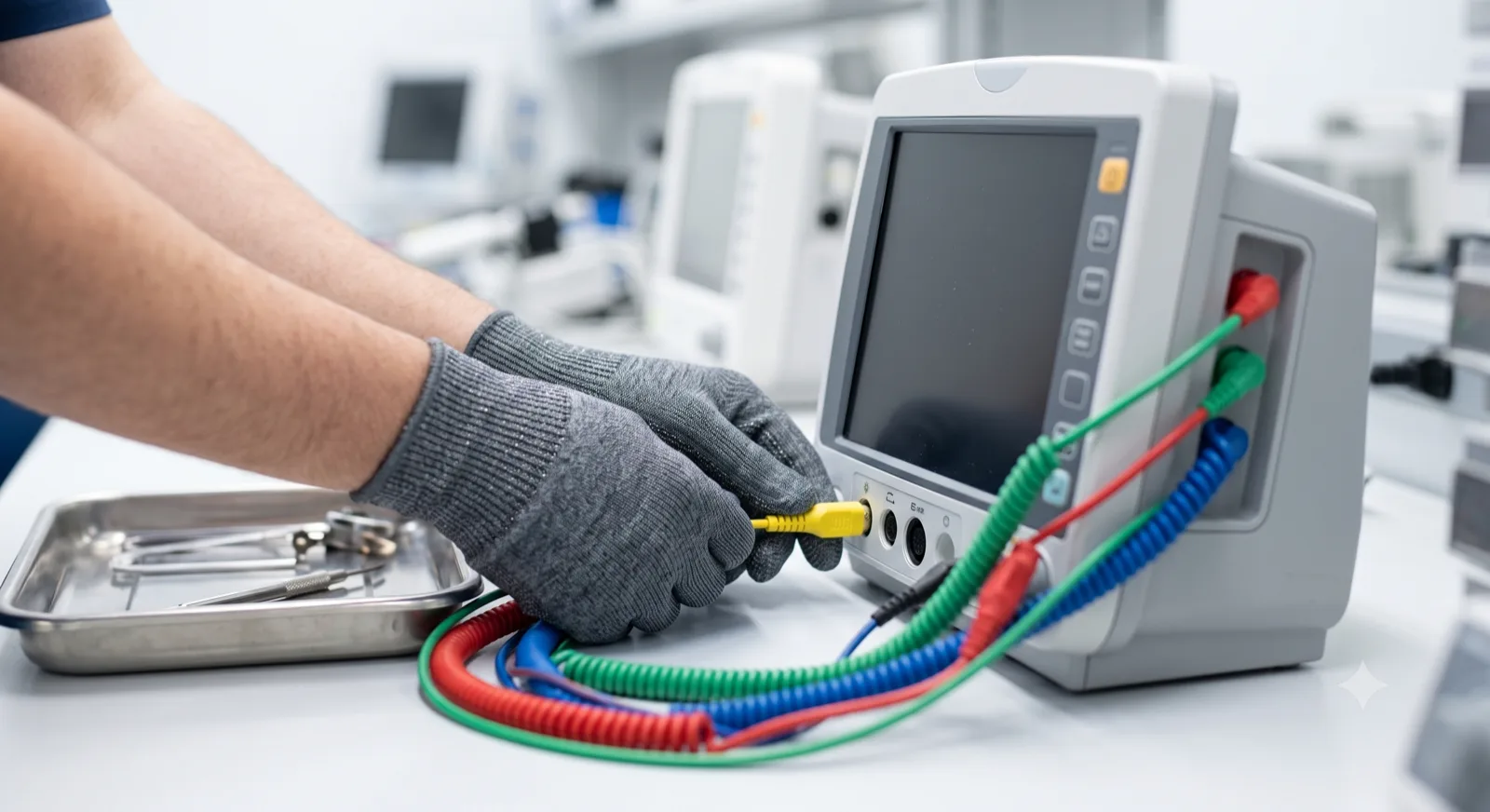 A technician connecting safety-test leads to a patient monitor