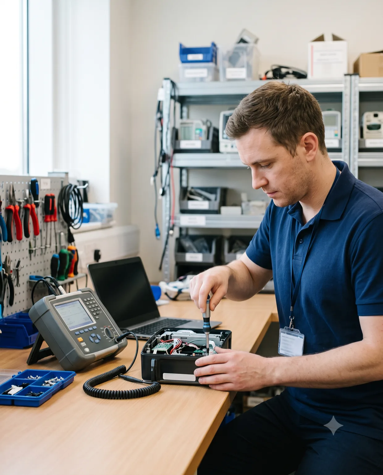 A biomedical technician servicing equipment at a workshop bench