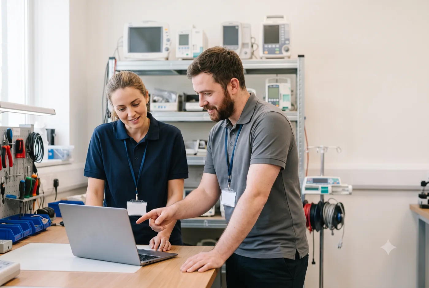 Two people reviewing service records together on a laptop in a workshop